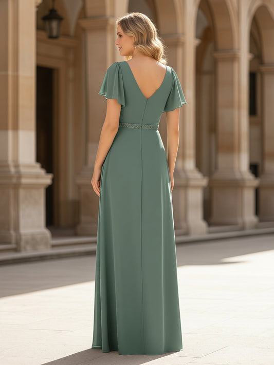 Elegant Sage Green Chiffon V-Neck Bridesmaid Dress with Flutter Sleeves & High Slit
