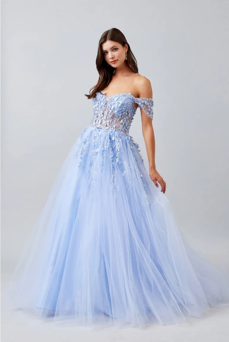 Vestido de gala de tul sin hombros con apliques florales 3D, corte princesa y línea A