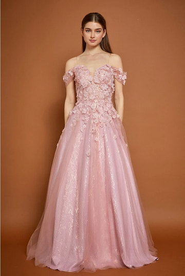 Vestido de gala de tul sin hombros con apliques florales 3D, corte princesa y línea A