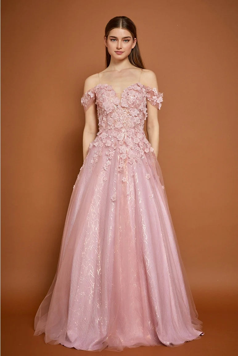 A-line Princess 3D Floral Embellished Off Shoulder Tulle Gown Prom Dress
