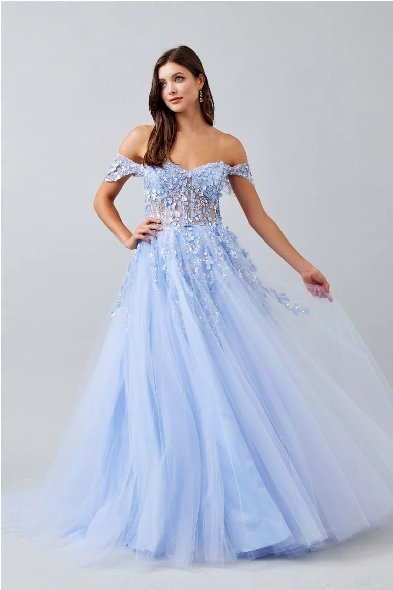 Vestido de gala de tul sin hombros con apliques florales 3D, corte princesa y línea A