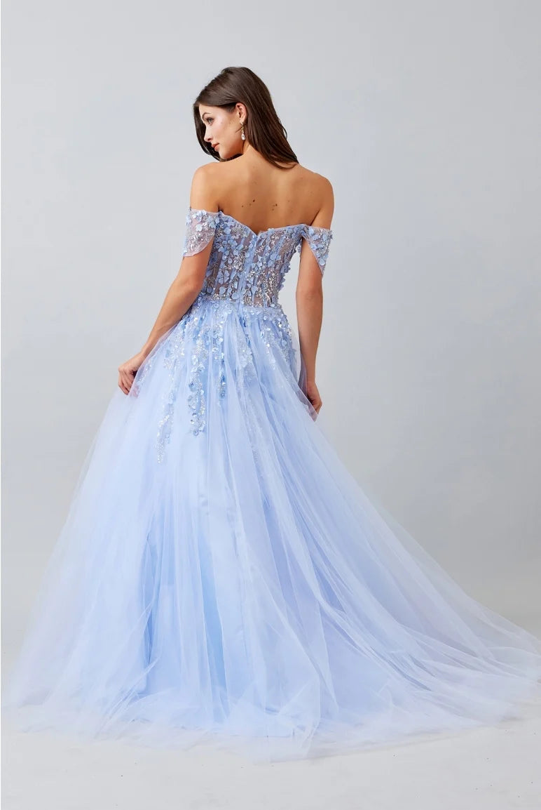 Vestido de gala de tul sin hombros con apliques florales 3D, corte princesa y línea A