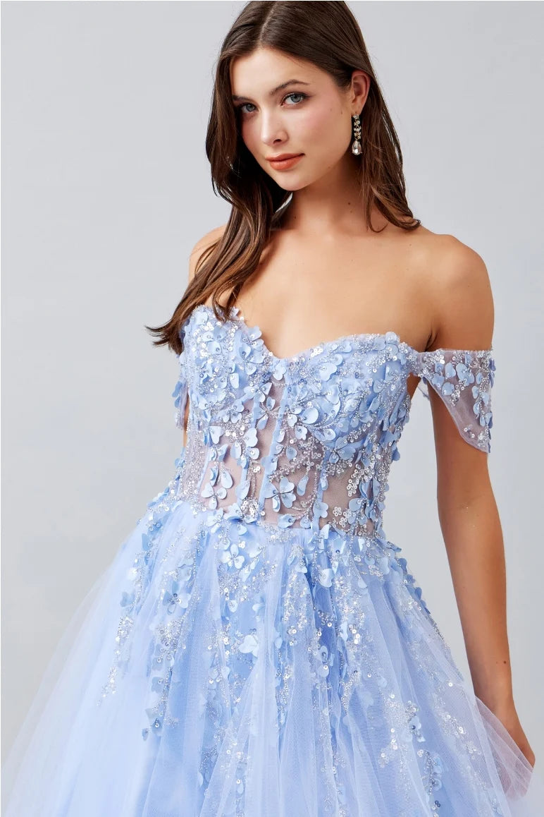 Vestido de gala de tul sin hombros con apliques florales 3D, corte princesa y línea A