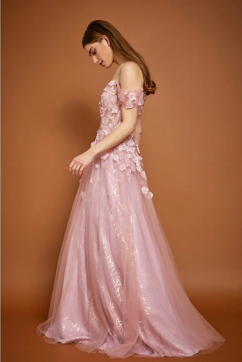 A-line Princess 3D Floral Embellished Off Shoulder Tulle Gown Prom Dress