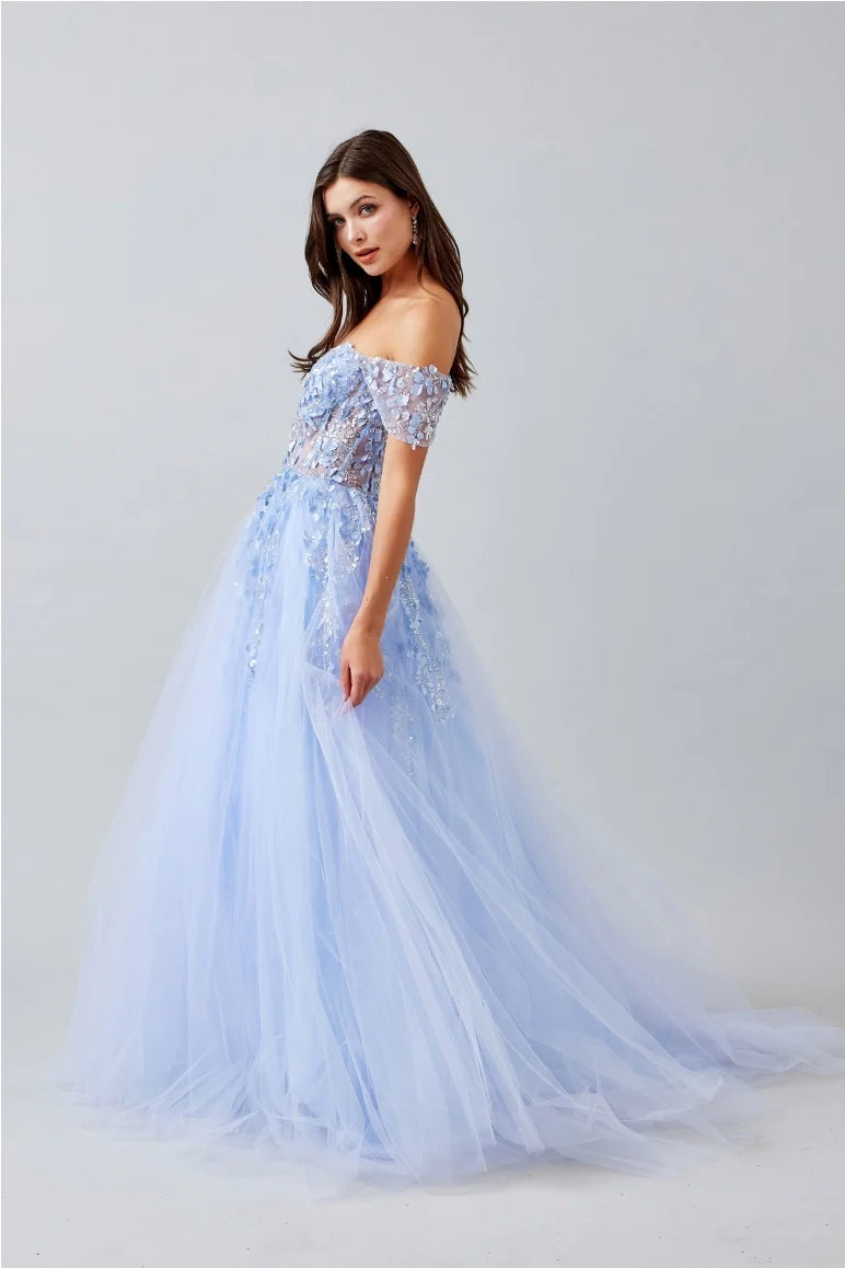 Vestido de gala de tul sin hombros con apliques florales 3D, corte princesa y línea A