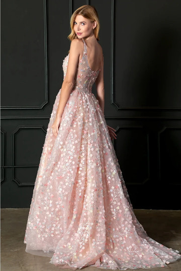 A-line 3D Floral Embellished Square Neck Tulle Ball Gown Prom Dress