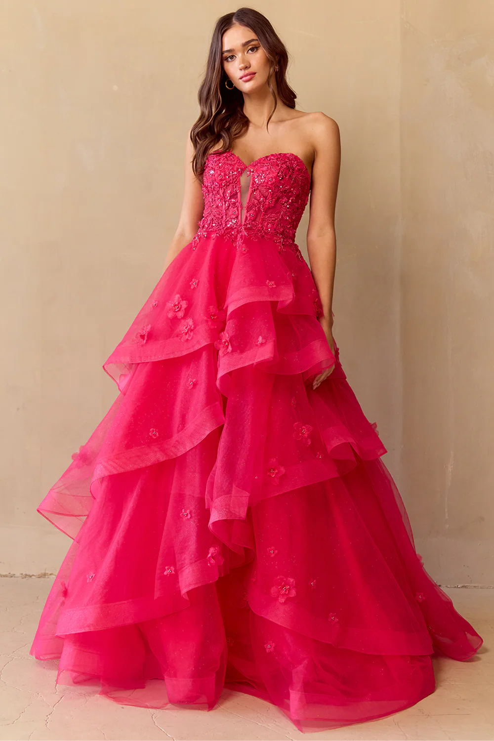 Vestido de gala de tul sin tirantes, corte en A, estilo princesa, con adornos florales en 3D, largo hasta el suelo, para fiesta de graduación
