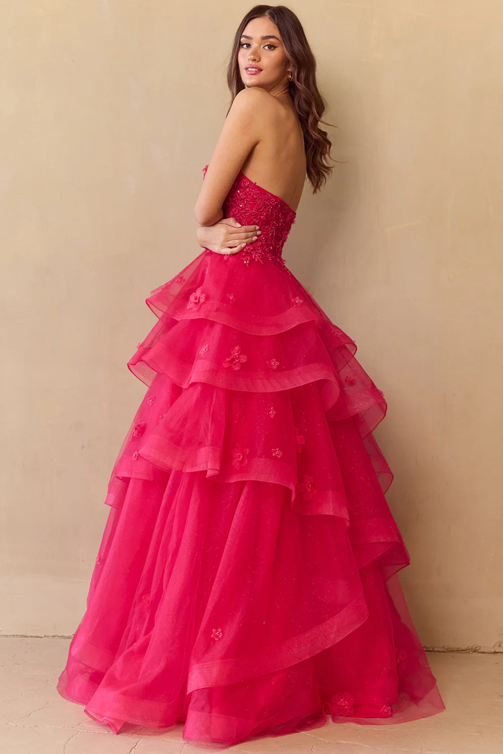Vestido de gala de tul sin tirantes, corte en A, estilo princesa, con adornos florales en 3D, largo hasta el suelo, para fiesta de graduación