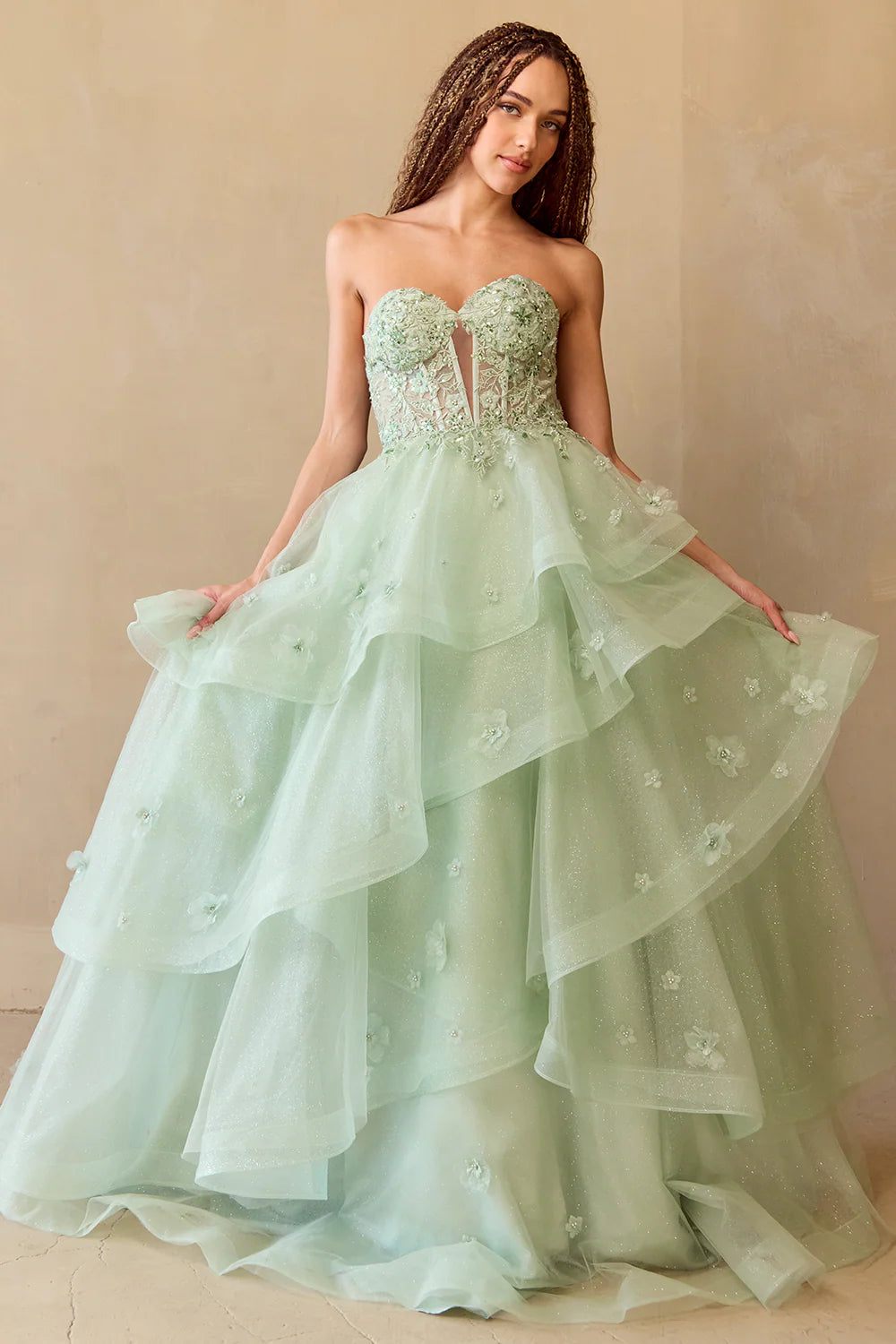 Vestido de gala de tul sin tirantes, corte en A, estilo princesa, con adornos florales en 3D, largo hasta el suelo, para fiesta de graduación
