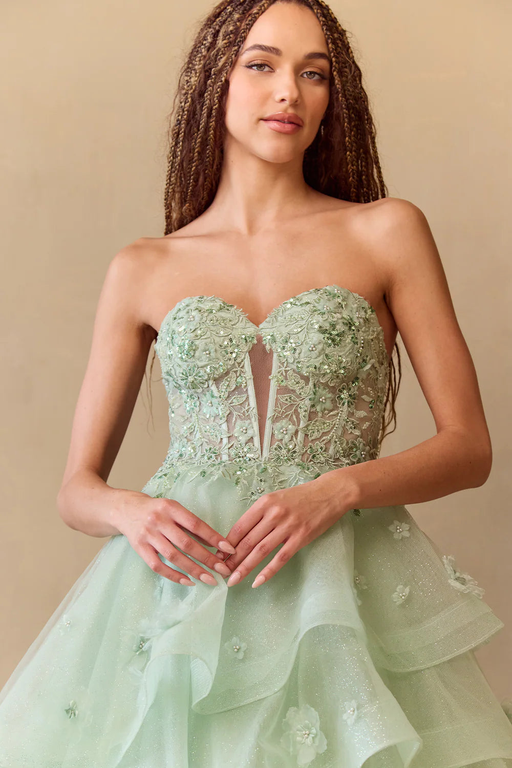 Vestido de gala de tul sin tirantes, corte en A, estilo princesa, con adornos florales en 3D, largo hasta el suelo, para fiesta de graduación
