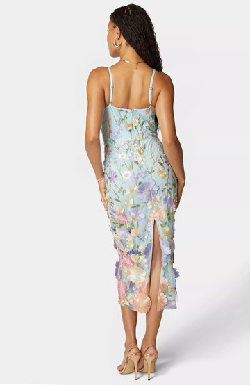 3D Floral Embroidered V-Neck Cami Strap Midi Cocktail Dress