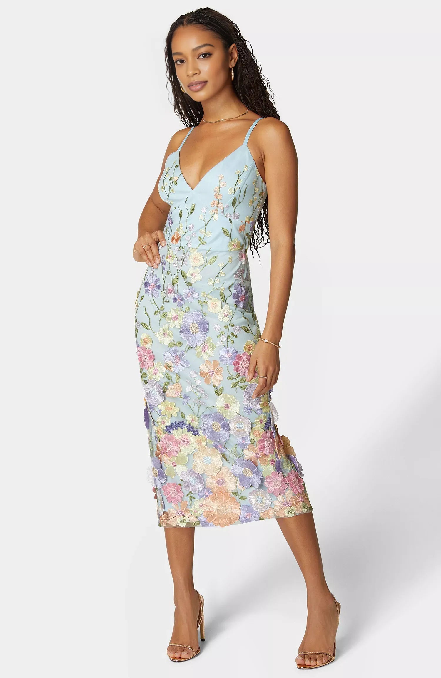 3D Floral Embroidered V-Neck Cami Strap Midi Cocktail Dress