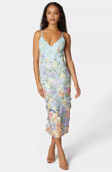3D Floral Embroidered V-Neck Cami Strap Midi Cocktail Dress