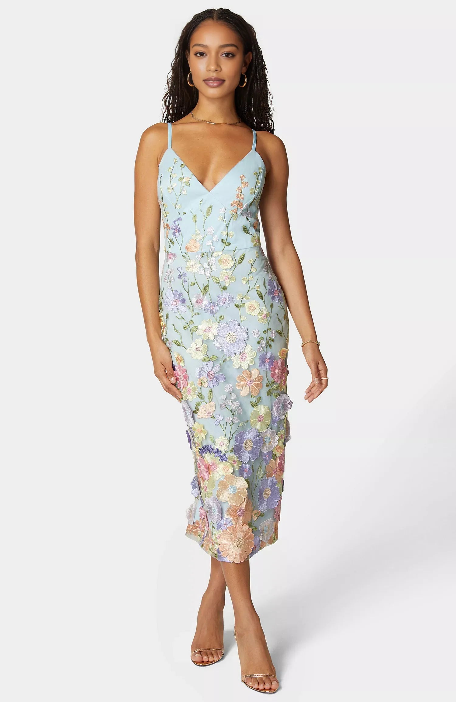 3D Floral Embroidered V-Neck Cami Strap Midi Cocktail Dress