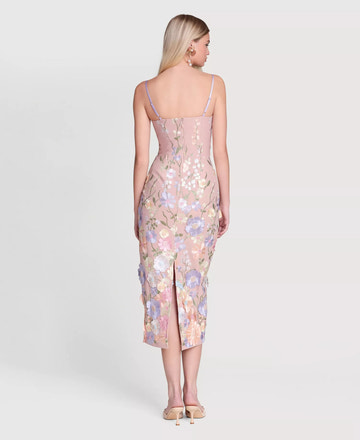 3D Floral Embroidery Sweetheart Neck Midi Cocktail Dress