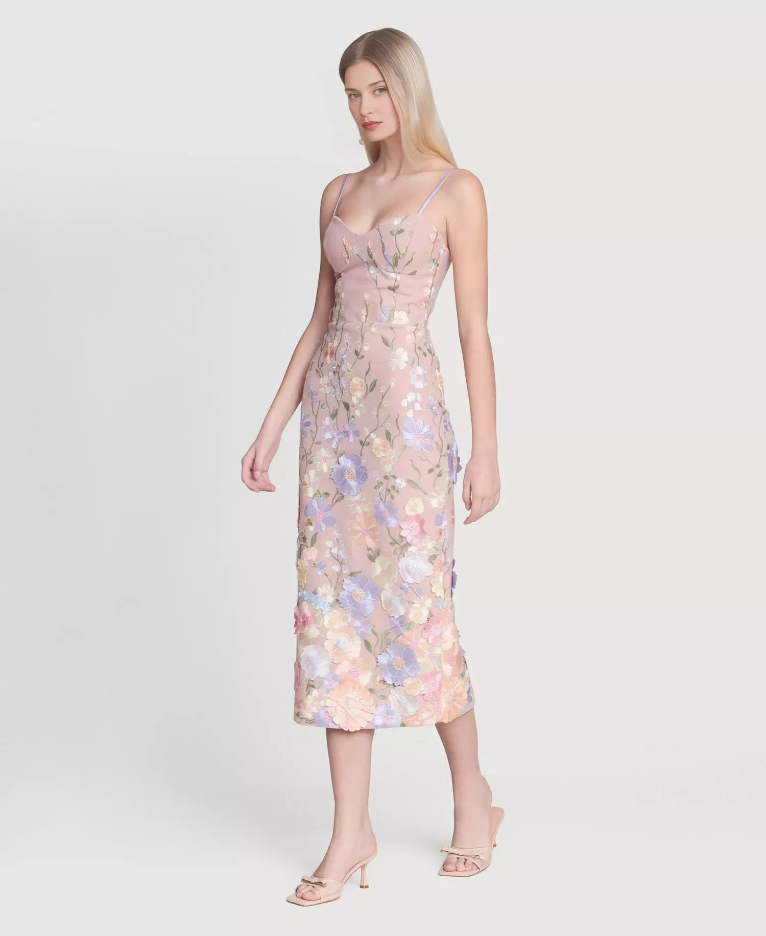 3D Floral Embroidery Sweetheart Neck Midi Cocktail Dress
