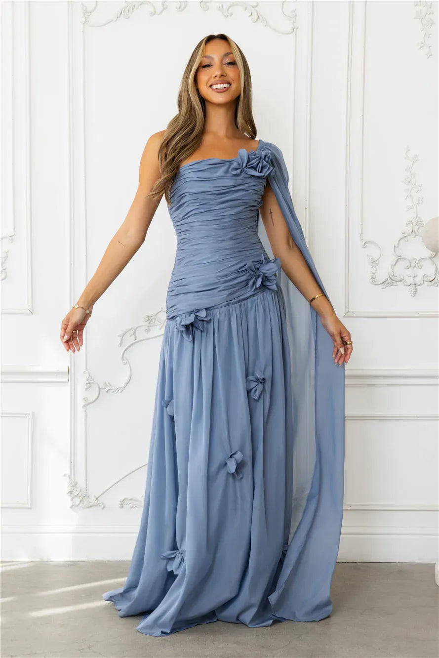 3D Floral One-Shoulder Chiffon Ruched Maxi Formal Prom Dress
