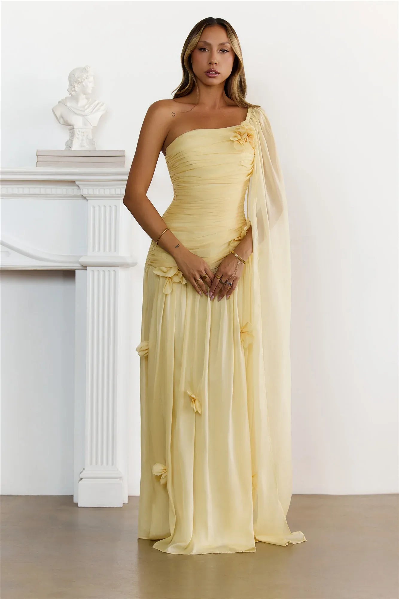3D Floral One-Shoulder Chiffon Ruched Maxi Formal Prom Dress