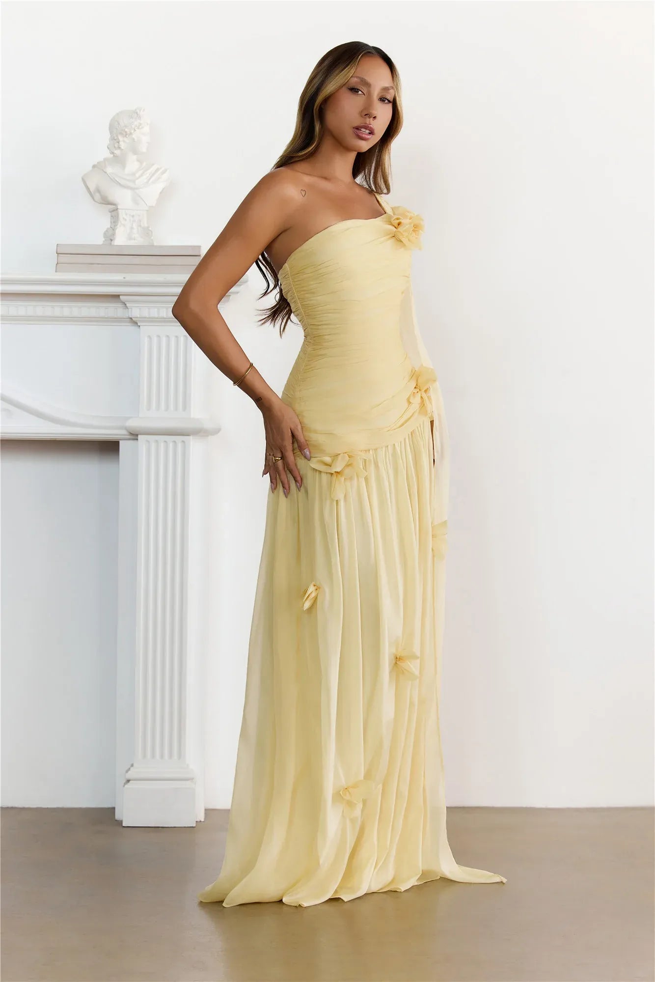 3D Floral One-Shoulder Chiffon Ruched Maxi Formal Prom Dress