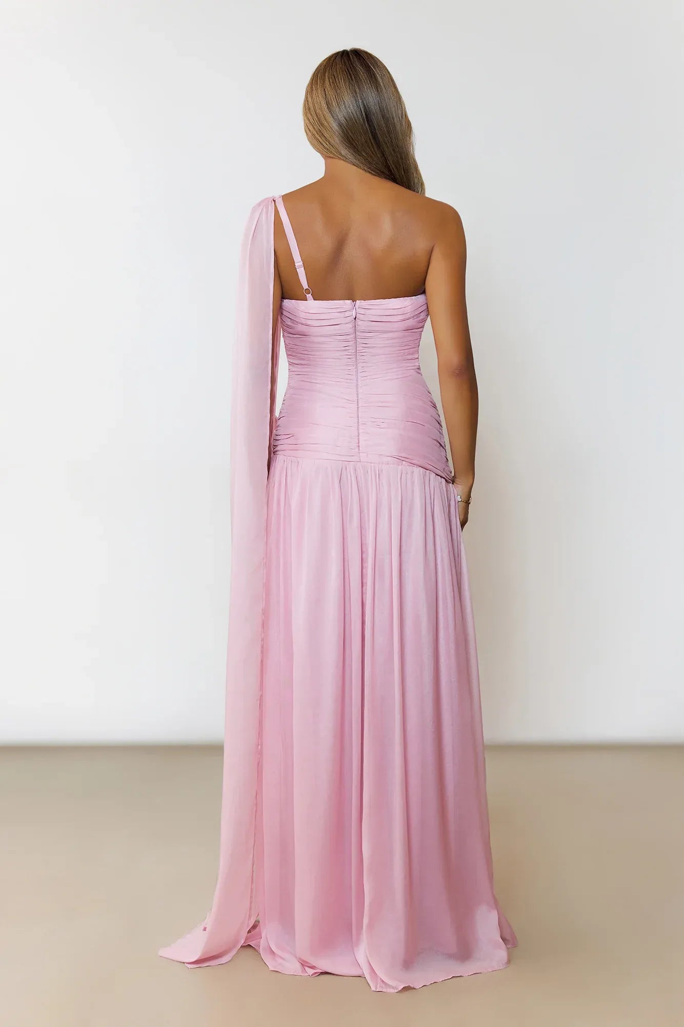 3D Floral One-Shoulder Chiffon Ruched Maxi Formal Prom Dress
