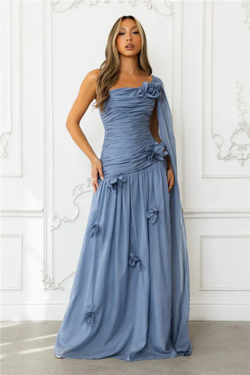 3D Floral One-Shoulder Chiffon Ruched Maxi Formal Prom Dress