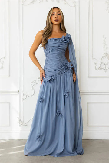 3D Floral One-Shoulder Chiffon Ruched Maxi Formal Prom Dress