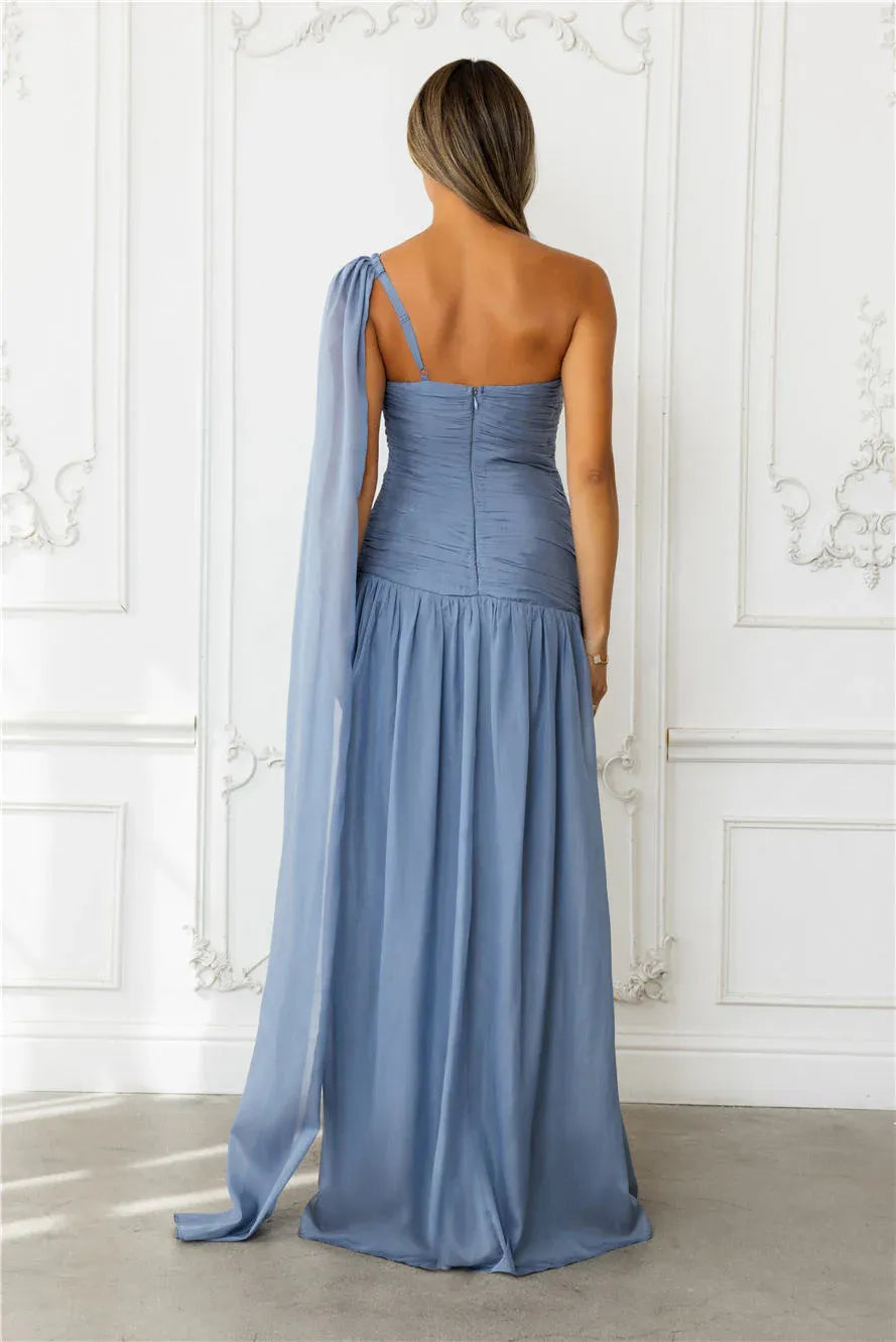 3D Floral One-Shoulder Chiffon Ruched Maxi Formal Prom Dress