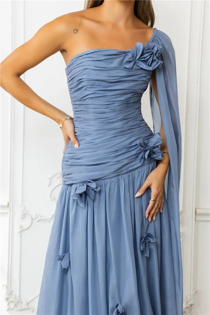 3D Floral One-Shoulder Chiffon Ruched Maxi Formal Prom Dress