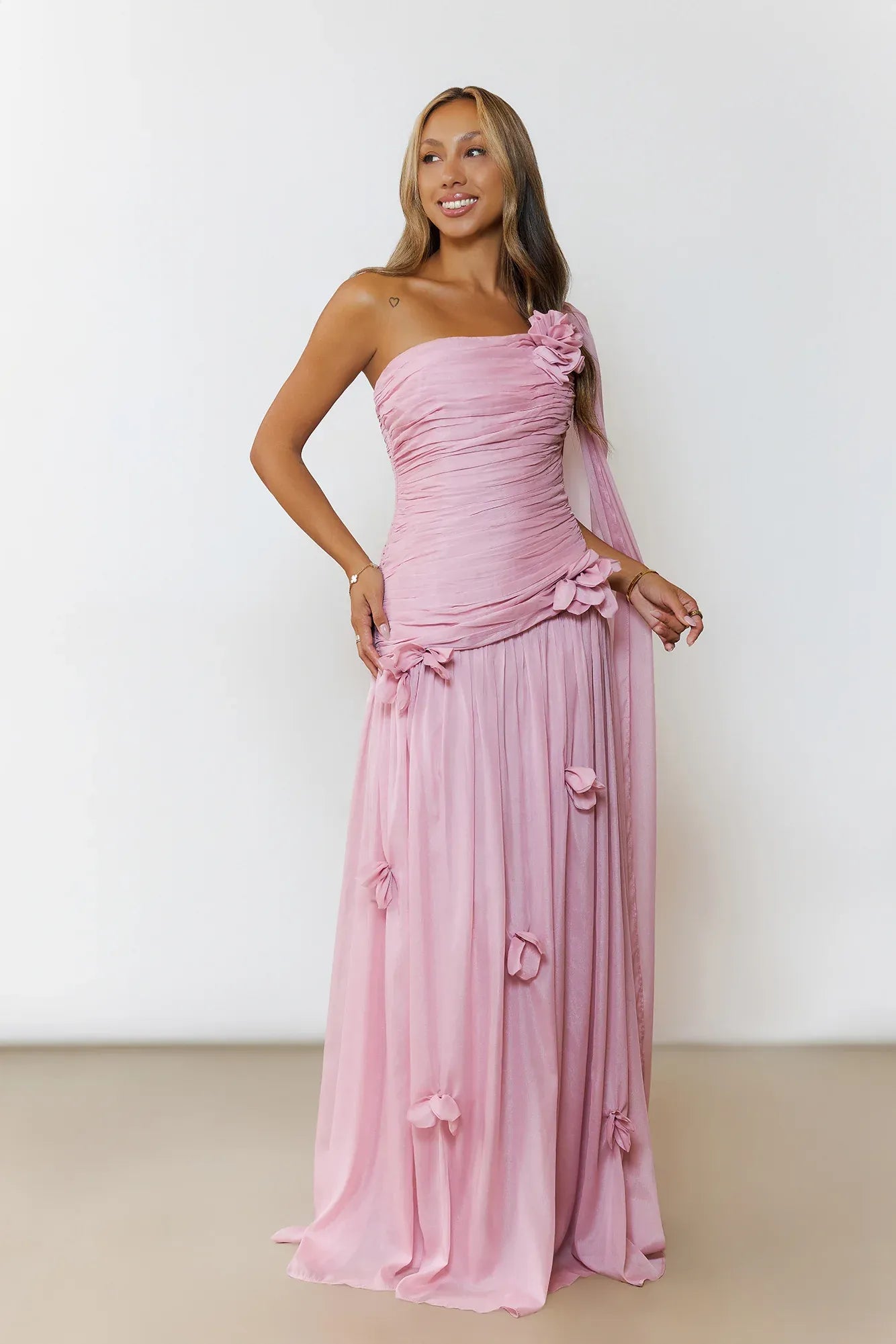 3D Floral One-Shoulder Chiffon Ruched Maxi Formal Prom Dress