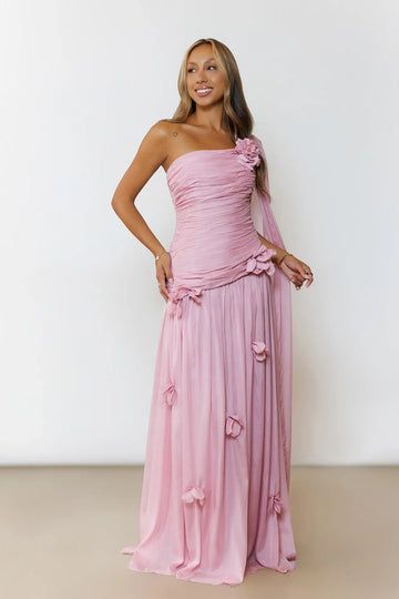3D Floral One-Shoulder Chiffon Ruched Maxi Formal Prom Dress