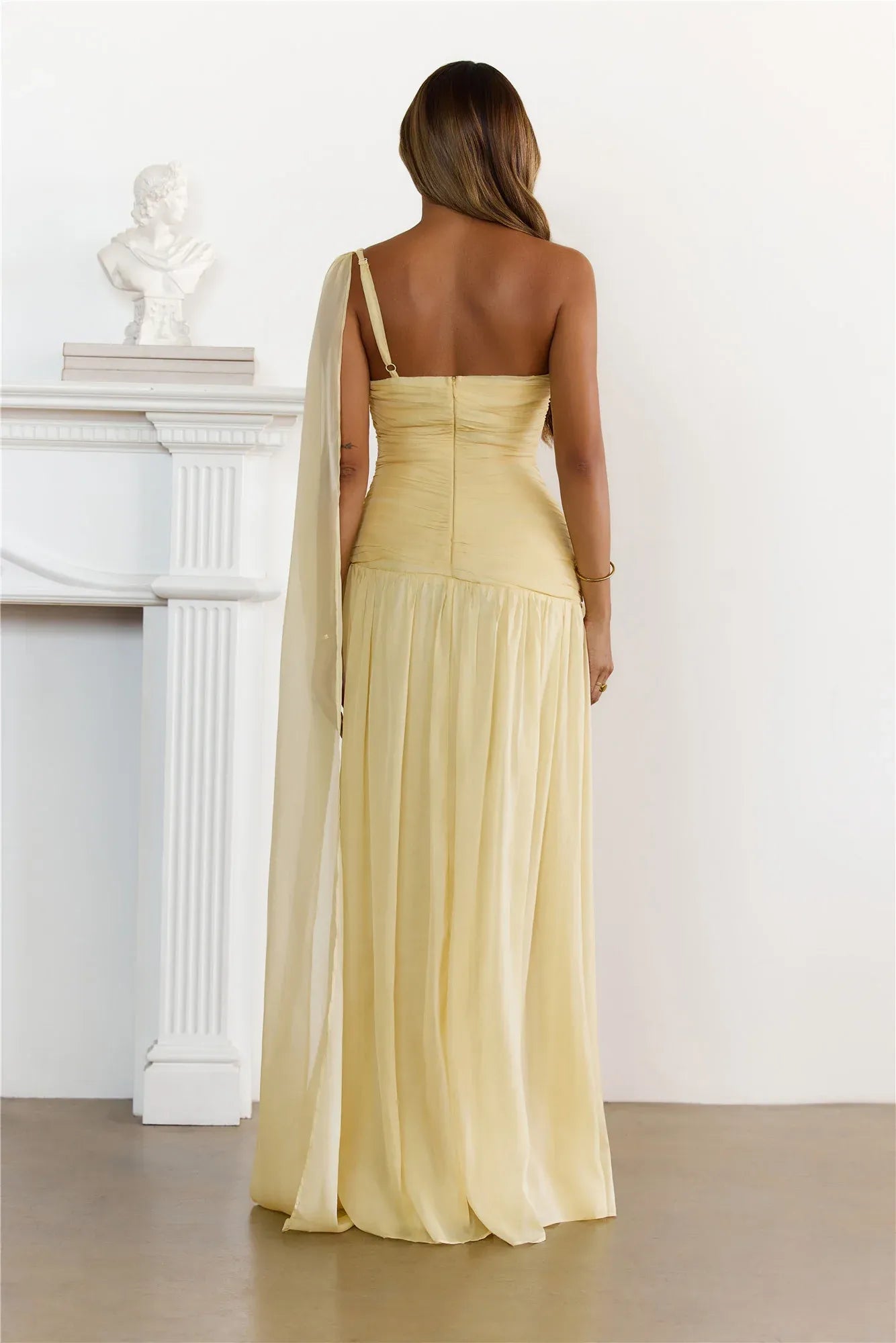 3D Floral One-Shoulder Chiffon Ruched Maxi Formal Prom Dress