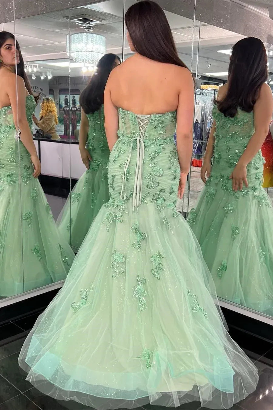 3D Floral Applique Mermaid Strapless Sleeveless Lace-Up Floor-Length Prom Gown