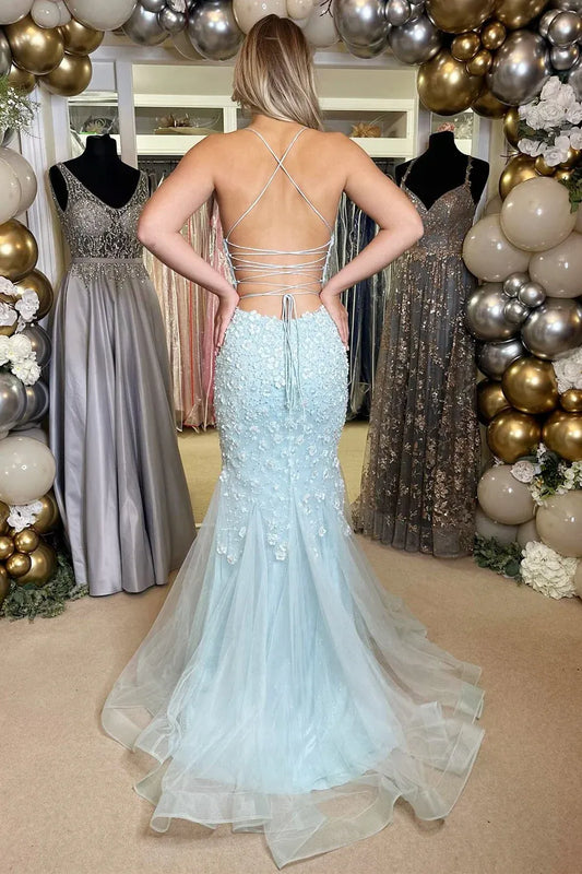 3D Floral Applique Mermaid V-Neck Sleeveless Lace-Up Floor-Length Prom Gown