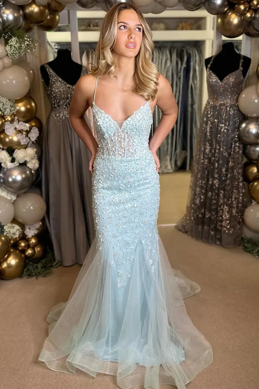 3D Floral Applique Mermaid V-Neck Sleeveless Lace-Up Floor-Length Prom Gown