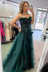 3D Floral Tulle A-Line Sweetheart Strapless Floor-Length Prom Gown
