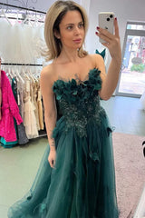 3D Floral Tulle A-Line Sweetheart Strapless Floor-Length Prom Gown