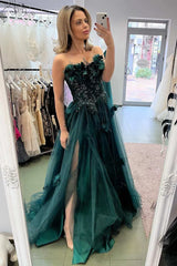 3D Floral Tulle A-Line Sweetheart Strapless Floor-Length Prom Gown