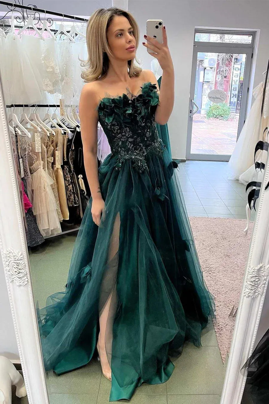 Vestido de fiesta largo sin tirantes, con escote corazón, corte A, de tul floral 3D