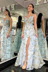 Sky Blue 3D Floral Tulle A-Line Prom Gown – Deep V-Neck Backless High Slit