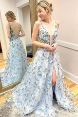 Sky Blue 3D Floral Tulle A-Line Prom Gown – Deep V-Neck Backless High Slit