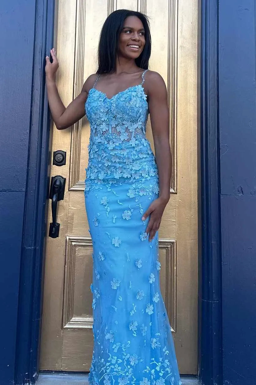 Vestido de fiesta sirena con escote corazón, tul floral 3D, sin mangas y hasta el suelo