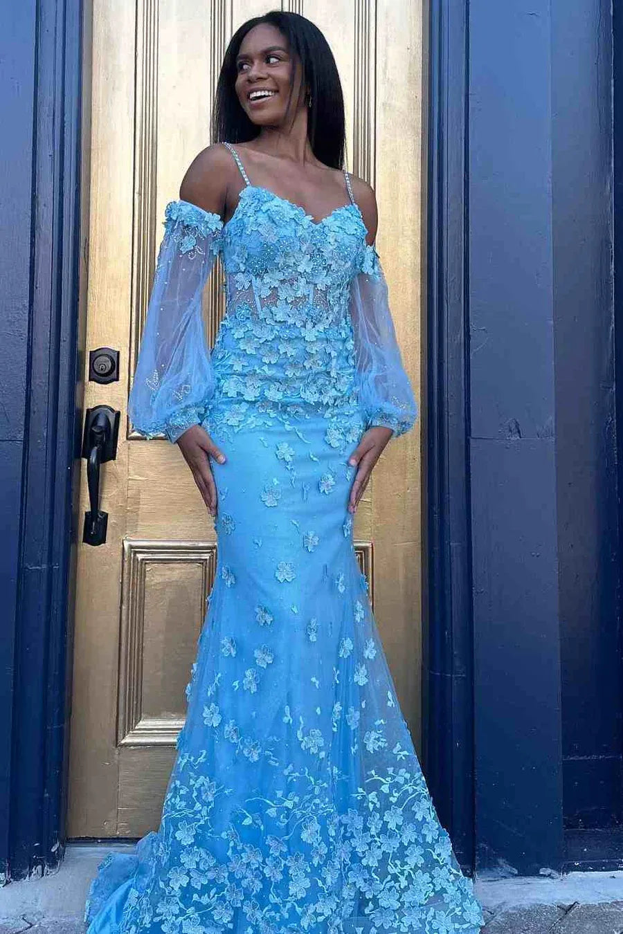 Vestido de fiesta sirena con escote corazón, tul floral 3D, sin mangas y hasta el suelo