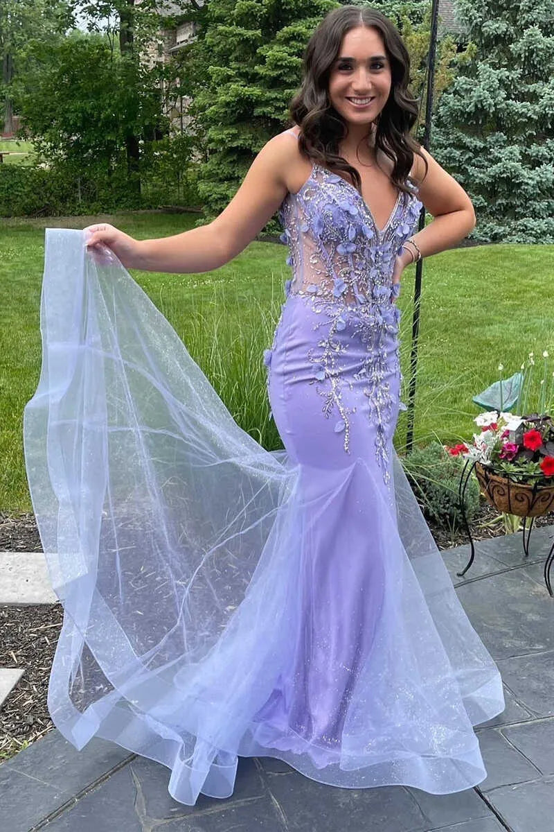 Vestido de fiesta de sirena de tul floral 3D con escote en V y tirantes finos