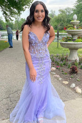 3D Floral Tulle Mermaid V-Neck Spaghetti Strap Prom Gown