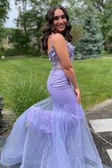 3D Floral Tulle Mermaid V-Neck Spaghetti Strap Prom Gown