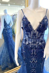 3D Floral Tulle Mermaid V-Neck Spaghetti Strap Prom Gown