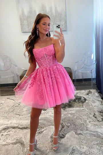 3D Floral Tulle Short Ball Strapless Corset Zip Homecoming Dress