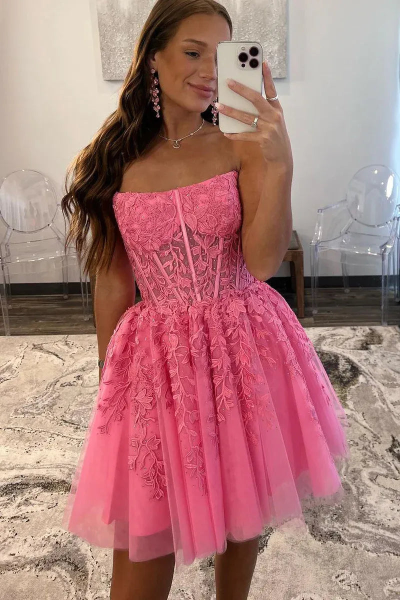 3D Floral Tulle Short Ball Strapless Corset Zip Homecoming Dress