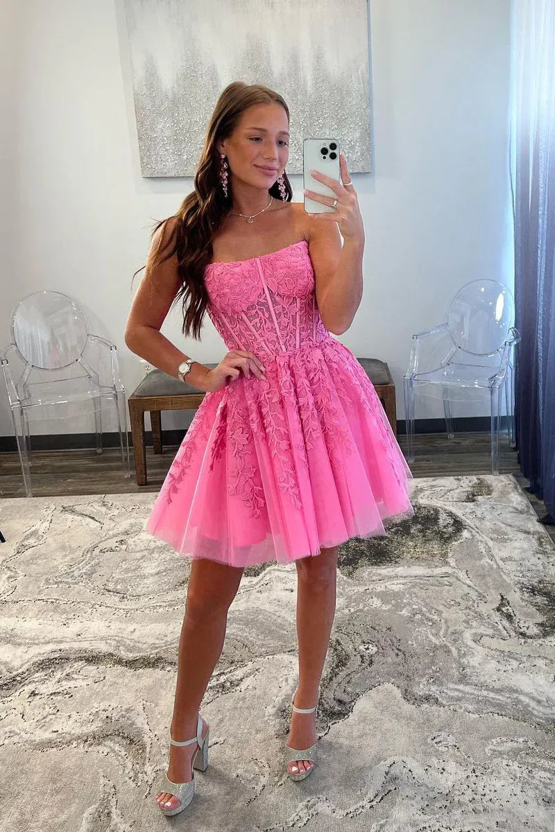 3D Floral Tulle Short Ball Strapless Corset Zip Homecoming Dress