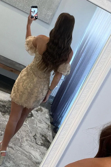 3D Lace Bodycon Off Shoulder Puff Sleeve Zip Mini Homecoming Dress
